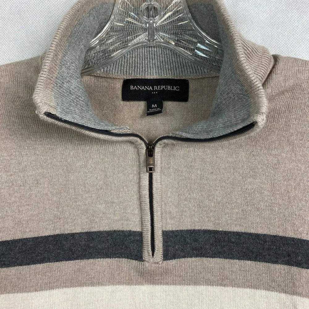 Banana Republic Sweater Mens Sz‎ M Beige Blue Cashmere Silk Striped Zip Pullover